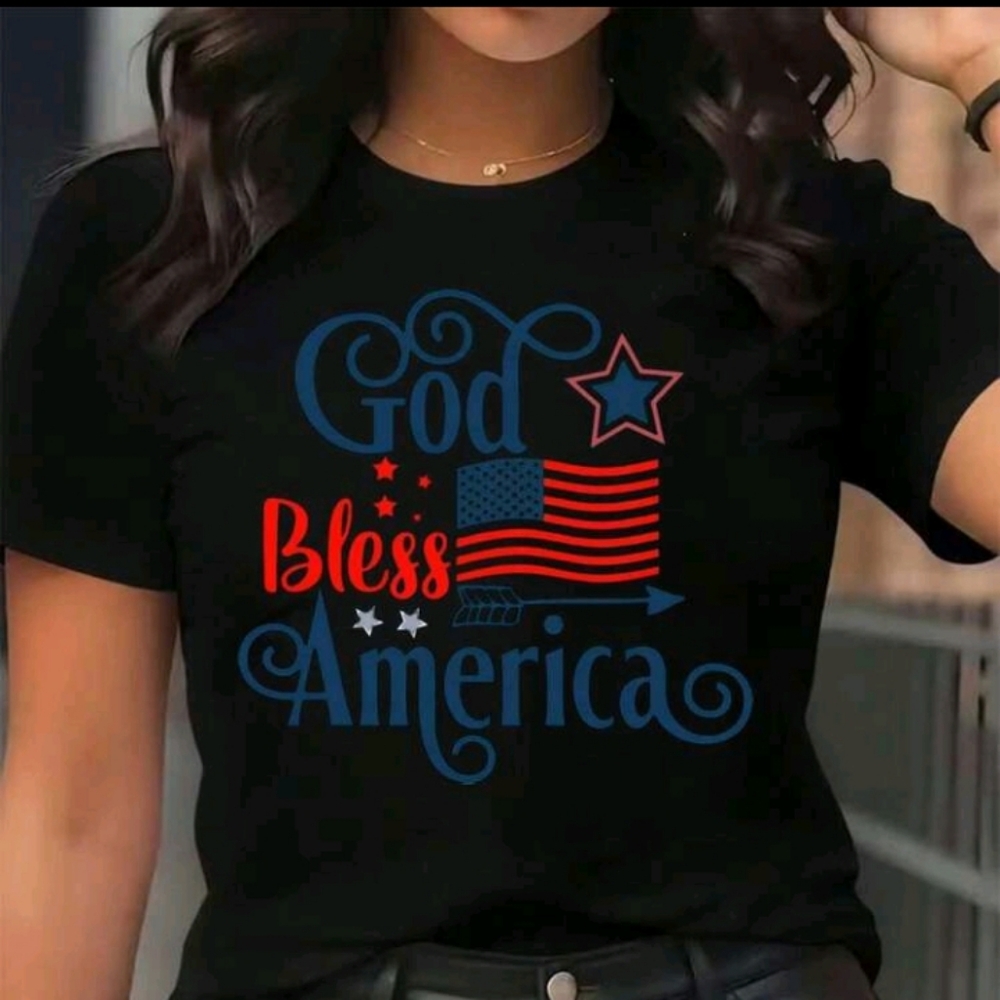 God Bless America Graphic Tee - Black with Red & Blue